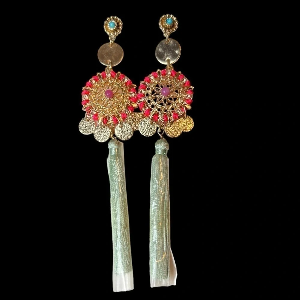 Statement Long Dangle Pierced Earrings From Express Gold Charms Beads & Fringe